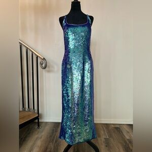 Vintage sequin iridescent side slit silk evening gown / prom dress